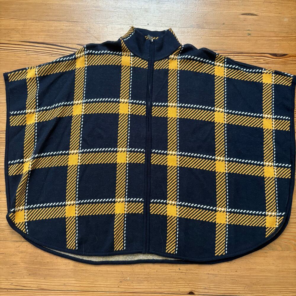 Jones New York blue yellow checkered‎ full zip mock neck poncho sweater SIZE S/M